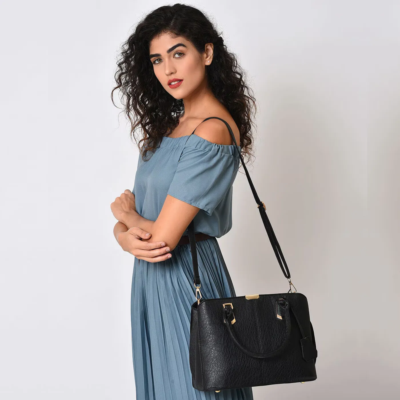 Women's Leather Handbag (Black) - 画像 (3)